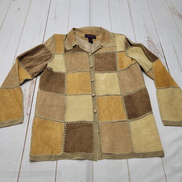 Vintage Denim and Co pathwork suede granny square crochet jacket boho - Picture 1 of 9